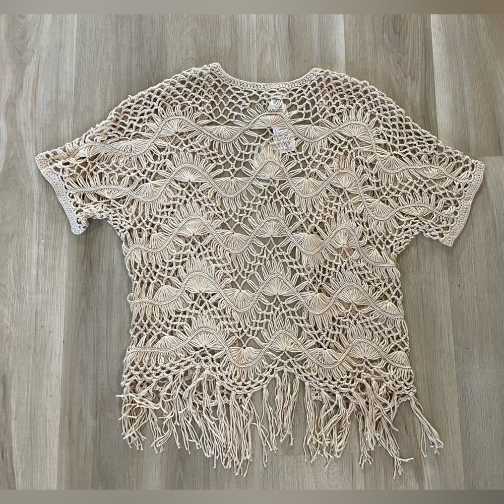 NWT- ENTRO Crocheted Beige Knit Coverup Open Cardigan. Size M/L - Picture 4 of 8